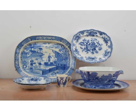 A collection of 19th century and later blue and white transferware ceramics, comprising a commemorative Wedgwood mug dated 19