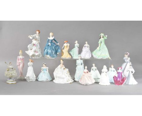 A large collection of ceramic lady figurines, comprising eleven Coalport examples, the tallest 20cm high, six Royal Doulton e