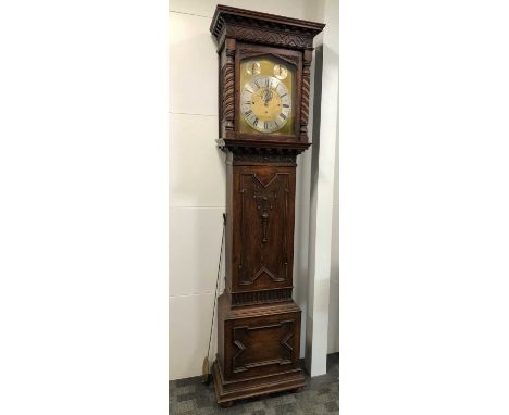 An early 20th century Maple &amp;Co. oak cased chiming longcase clock, silvered and brass dial with Roman numerals and two sm