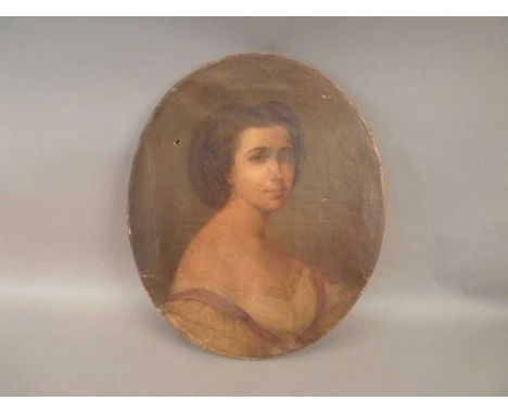 19th Century British School, oil on oval canvas, Portrait of a Lady, several punctures and holes, 62cm by 52cm