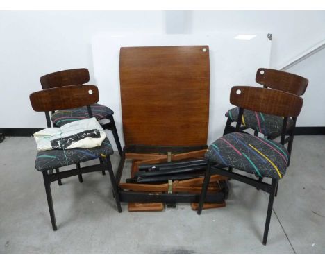 A set of four 1970s dining chairs, with later 1980s upholstered, As Found, together with a LEBUS extending small dining table