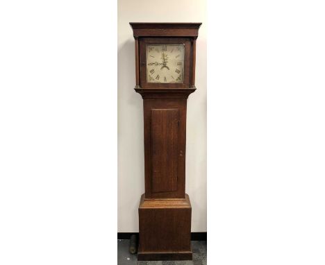 A 19th century and later longcase clock, hand painted floral dial, with Roman numerals and date dial, later oak case, pendulu