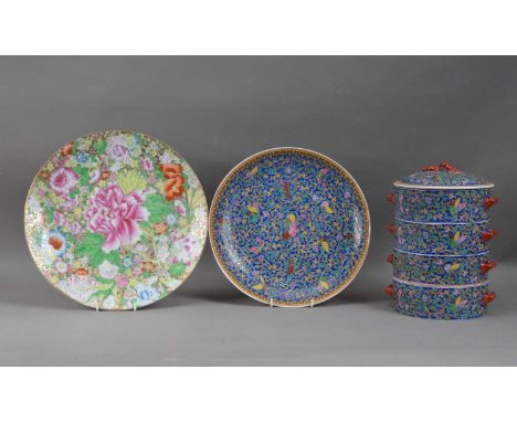 Three items of 20th century Chinese ceramics, comprising two large plates, one with a bright floral design, and with a red ch
