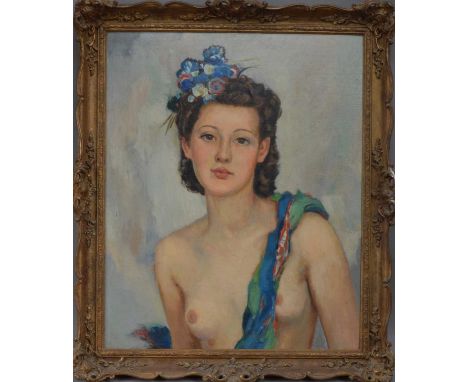 20th century School, Portrait of a semi-nude lady, oil on board, gallery label to verso, framed, frame size 69cm x 58cm