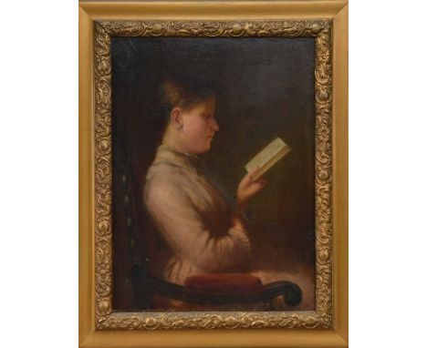 Attributed to A. Morrison (19th century), Portrait of a boy reading, oil on board, the verso with inscription attributing the