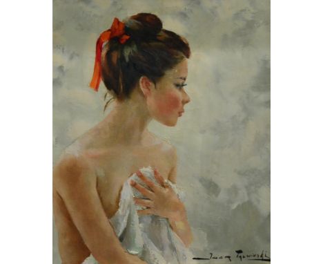 Igor Talwinski (1907-1983) Polish Portrait of a young beauty, half-length, seated, in profile and wearing a red ribbon in her