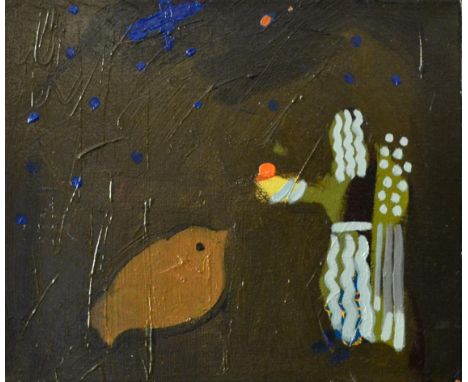 Janet M. Melrose RSW (Contemporary) Scottish ''Bird and Angel'' Signed, inscribed and dated 2006 verso, oil on canvas, 25cm b