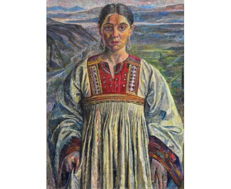 H* Daltry (20th century) Portrait of a young lady, three quarter length, standing in a landscape in likely Greek attire  Sign