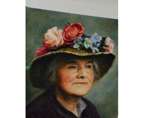 John A Blakey (b.1952)  Portrait of Hannah Hauxwell, head and shoulders wearing a hat decorated with various flowers (as worn