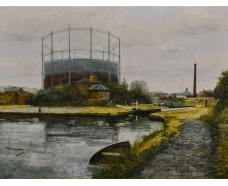 John Ridgewell (1937-2004) ''Gasometer and Canal locks at Bingley, W. Yorks'' Signed, inscribed and dated 1977 on old label v