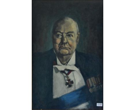 English School (20th century) Portrait of Winston Churchill, half-length, wearing white tie and a blue sash Indistinctly sign