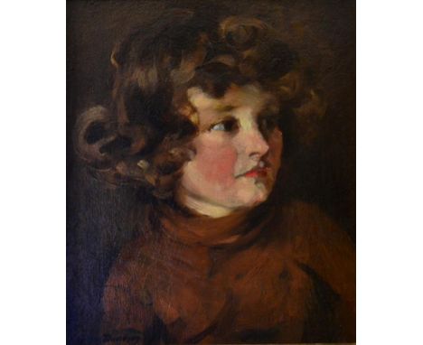 Allen Douglas Davidson (1873-1932) Portrait of a young girl wearing a brown jumper Signed, oil on board, 27.5cm by 23.5cm