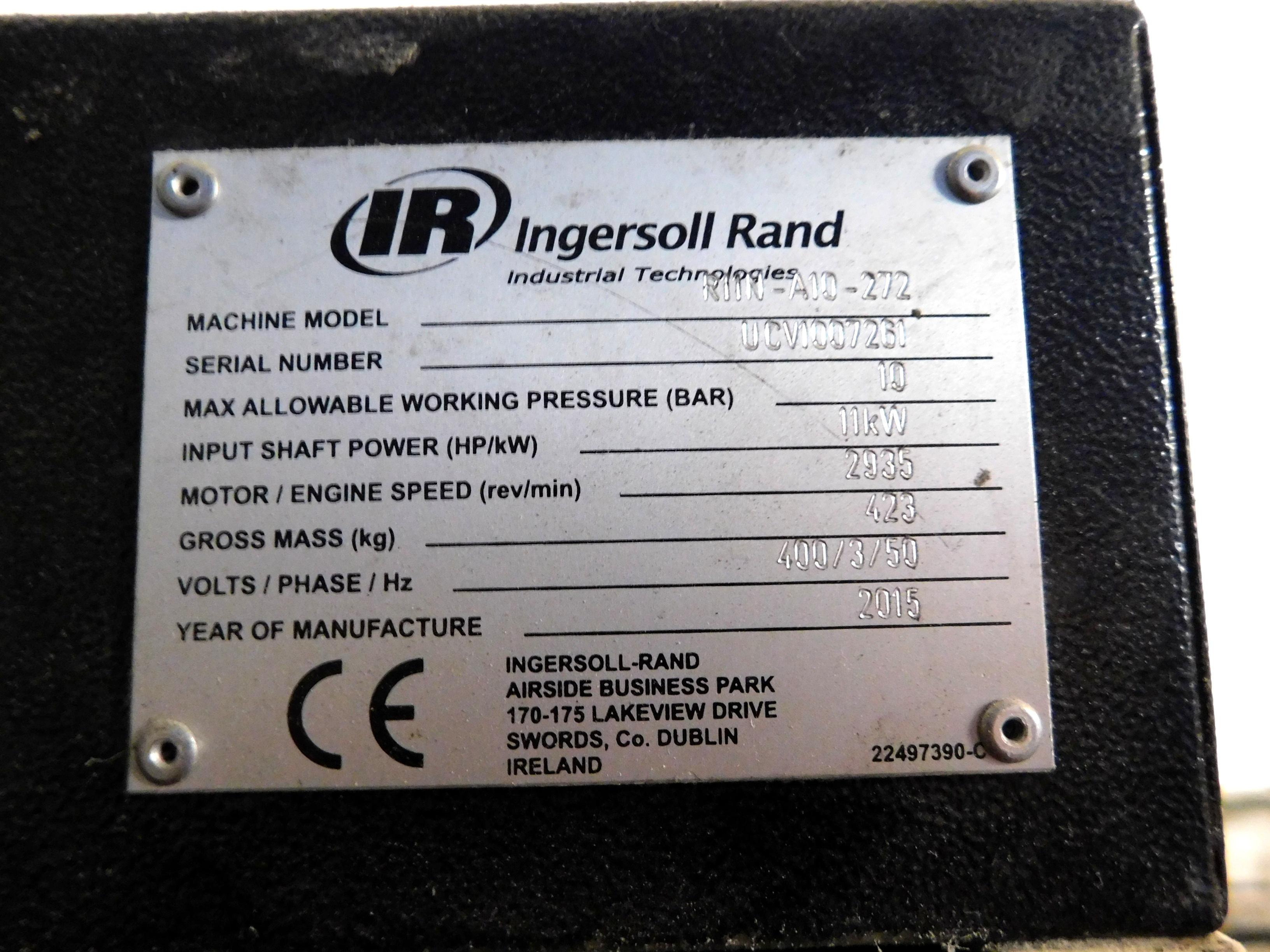 Ingersoll Rand R11NA10272 Receiver Mounted Air Compressor, S/N
