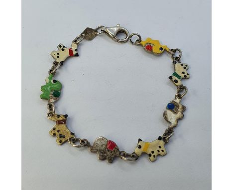 A child's bracelet, decorated dogs and elephants in enamel colours15 cm long  4.6 g 