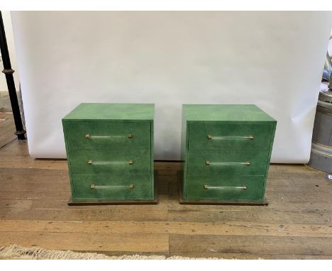 A pair of green lacquered bedside chests, by Julian Chichester, label inside drawer, 60 cm wideSeago range, no glass to tops,
