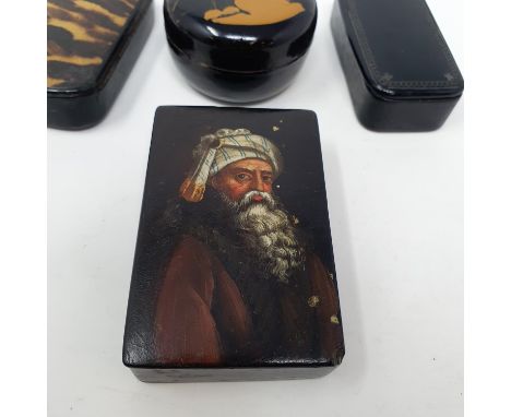 A 19th century snuff box, top painted bearded man, 9 cm wide, a faux tortoiseshell snuff box 8 cm wide, a lacquered snuff box