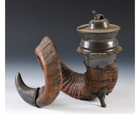 A 19th century rams horn and pewter table snuff mull, the finial in form of a greyhound, 25 cm highSome losses to the mount a