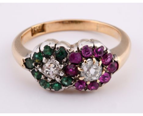 A 19th century 18ct gold, ruby, emerald and diamond double cluster ring, ring size L 