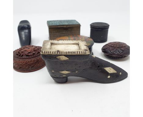 A 19th century treen and bone snuff box, in the form of a shoe, 9 cm wide, a treen snuff box in the form of a shoe, 7 cm wide