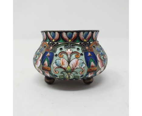 A Russian silver and enamel salt, decorated flowers, 6 cm diameterAll in weight 73.6 g, Overall condition good no major fault