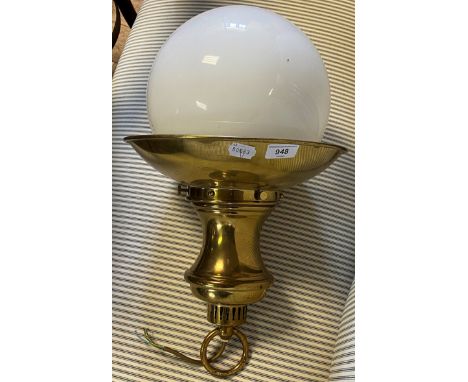 A brass ceiling light, with an opaque glass shade, 30 cm diameter 