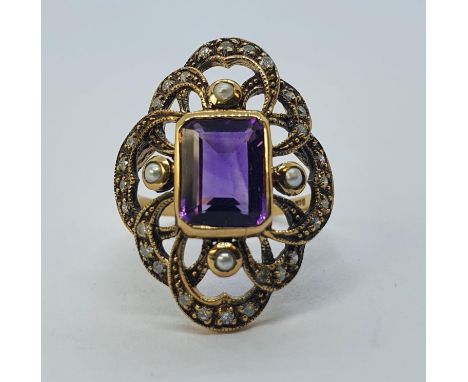 A 9ct gold, amethyst, pearl and diamond ring 