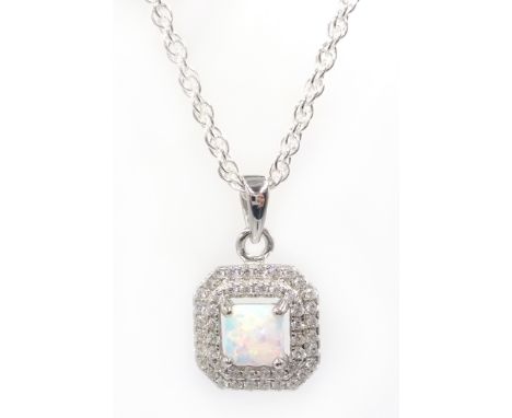 Silver opal and cubic zirconia pendant necklace, stamped 925 Condition Report Click here for further images, condition, aucti