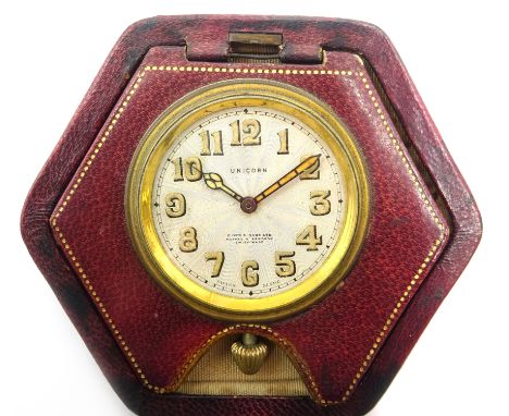 Unicorn Swiss Travel alarm clock, retailed by P. Orr & Sons Ltd Madras &  Rangoon in ox-blood case 8cm high Condition Report 