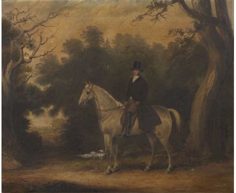 * Butler (19th century)Portrait of a gentleman upon a saddled grey mare in a wooded landscape, signed and dated, oil on canva