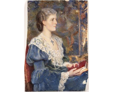 19th century English schoolPortrait of a lady wearing a blue dress and holding a book, on ivory, 15 x 19.5cm (irregular); and