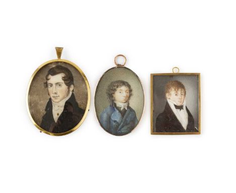 English school (late 18th century)A miniature oval portrait of a young man, with blue coat and curled brown hair, watercolour