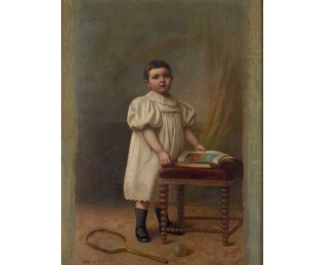 R * Ramsay Russell (act. 1884-1912)Portrait of a young child at a stool with open book, a tennis racquet alongside, signed an