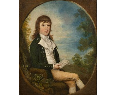 Attributed to Daniel Gardner (1750-1805)Portrait of a young boy seated with music manuscript in a landscape, oil on canvas, 2
