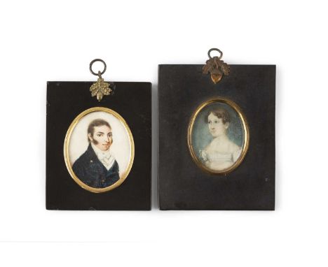 English school (early 19th century)A miniature oval portrait of a gentleman, in dark blue coat with white stock, watercolour 