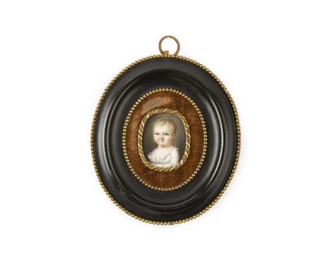 English School (early 19th century)A miniature oval portrait of a baby girl, in lace trimmed dress, watercolour on ivory, 3.4