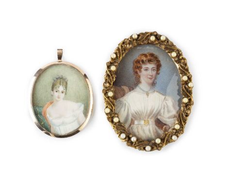 English school (mid 19th century)A miniature oval portrait of a lady, in white dress, with red hair and blue choker, watercol