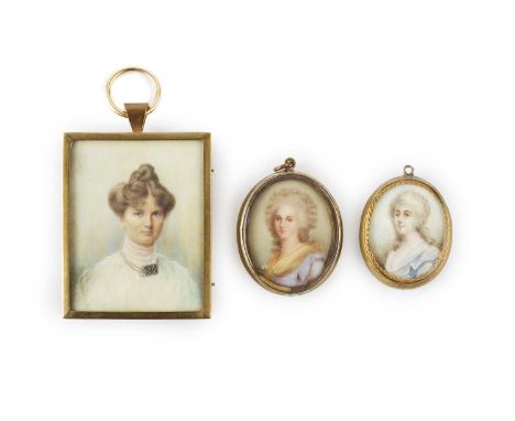 English school (19th century)A miniature oval portrait of a lady, in pale blue dress, watercolour on ivory, 3.5 x 2.7cm, toge