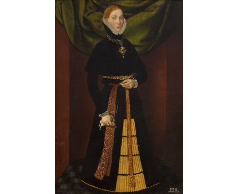 Follower of Hans Eworth (1515-1574)Full length portrait of a noble woman wearing a dark dress with high collar and pendant je