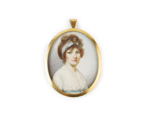 Circle of George Englehart (c.1750-1829)A miniature oval portrait of a lady, in white dress and with white ribbon to her hair