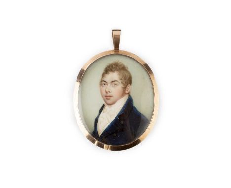 Attributed to Sampson Towgood Roch (1757-1847)A miniature oval portrait of a gentleman, in blue coat with white stock, believ