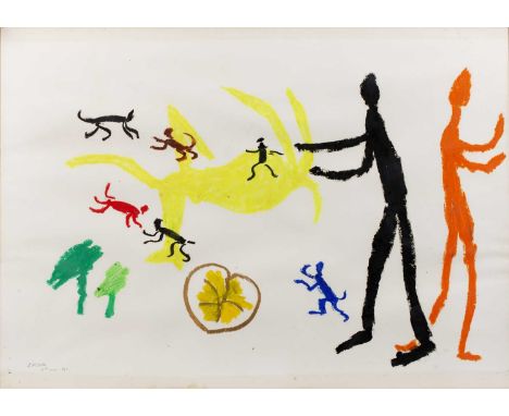 Ben David Zadok (b.1949)Figures, beasts and vegetation, signed and dated 7th May 1987, mixed media, 63 x 89cm; and Ben David 