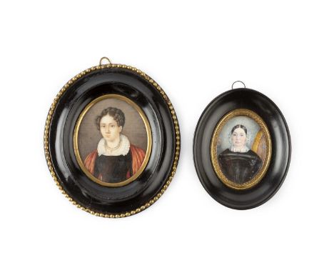 English school (mid 19th century)A miniature oval portrait of a lady, in black dress with lace collar and red shawl, watercol