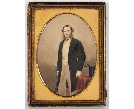 19th century English schoolThree quarter length portrait of a well-dressed gentleman standing by a table with top hat, waterc