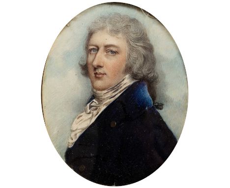 English school (early 19th century)Bust length portrait of Mr Petrie with powdered grey wig, wearing white stock and deep blu