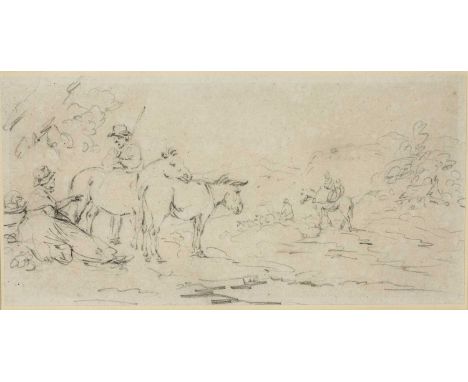 Peter La Cave (act. c.1769-1816)Travellers with horses in a landscape, pencil sketch, 11 x 21cm