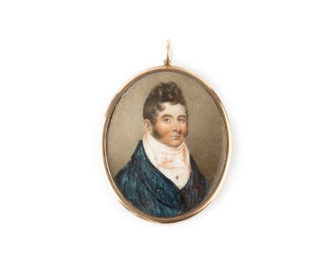 English school (early 19th century)A miniature oval portrait of a gentleman, with blue coat and white stock, watercolour on i