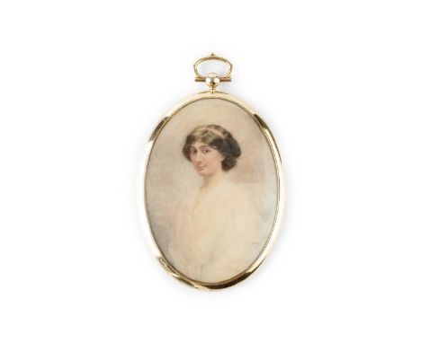 Joseph Otis Minott (1864-1909)A miniature oval portrait of a young lady, with dark brown hair and white dress, signed and dat