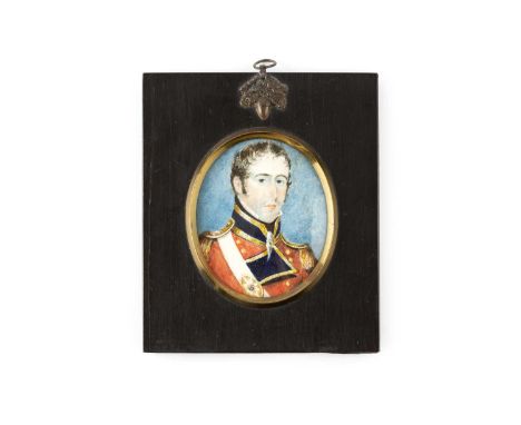 English school (early 19th century)An oval miniature portrait of the Duke of Wellington, in scarlet dress uniform on a blue g