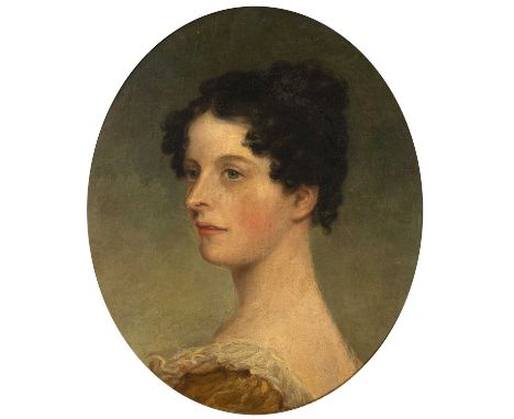 19th century English schoolHead and shoulders portrait of an elegant lady, her dark curly hair tied in a bun, oil on canvas l