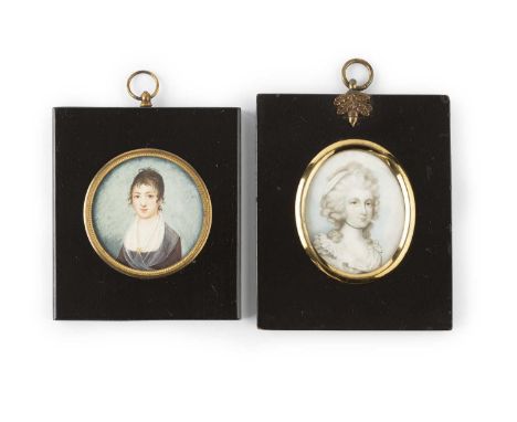 English school (mid 19th century)A miniature oval portrait of a lady, with coiffed grey hair and lace collared dress, waterco